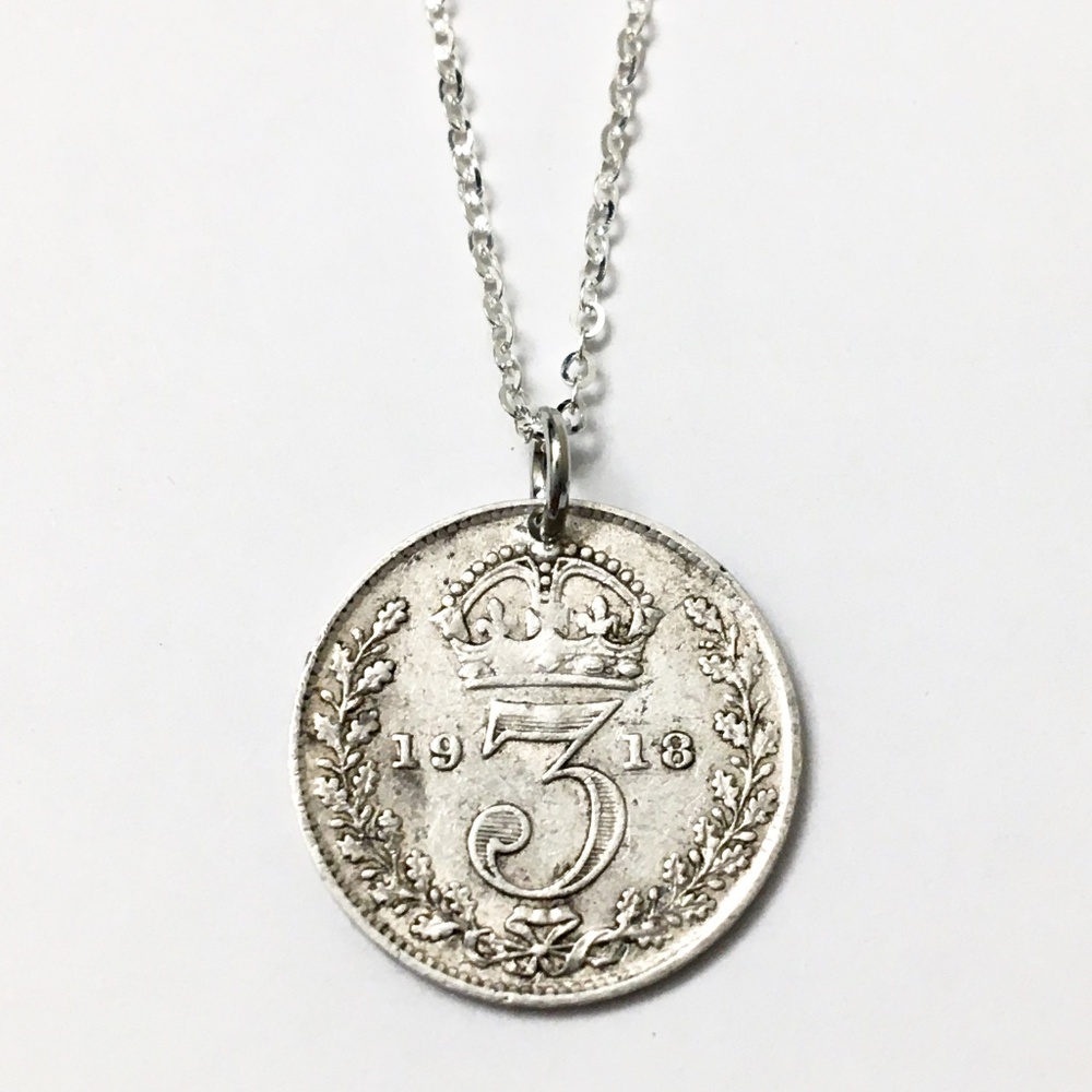Antique British Sterling Silver Coin Necklace — 18-inch 925 Sterling Chain